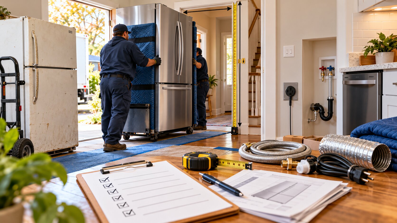 Navy-uniformed workers maneuver a protected refrigerator through an entryway with clearance measured by yellow tape.