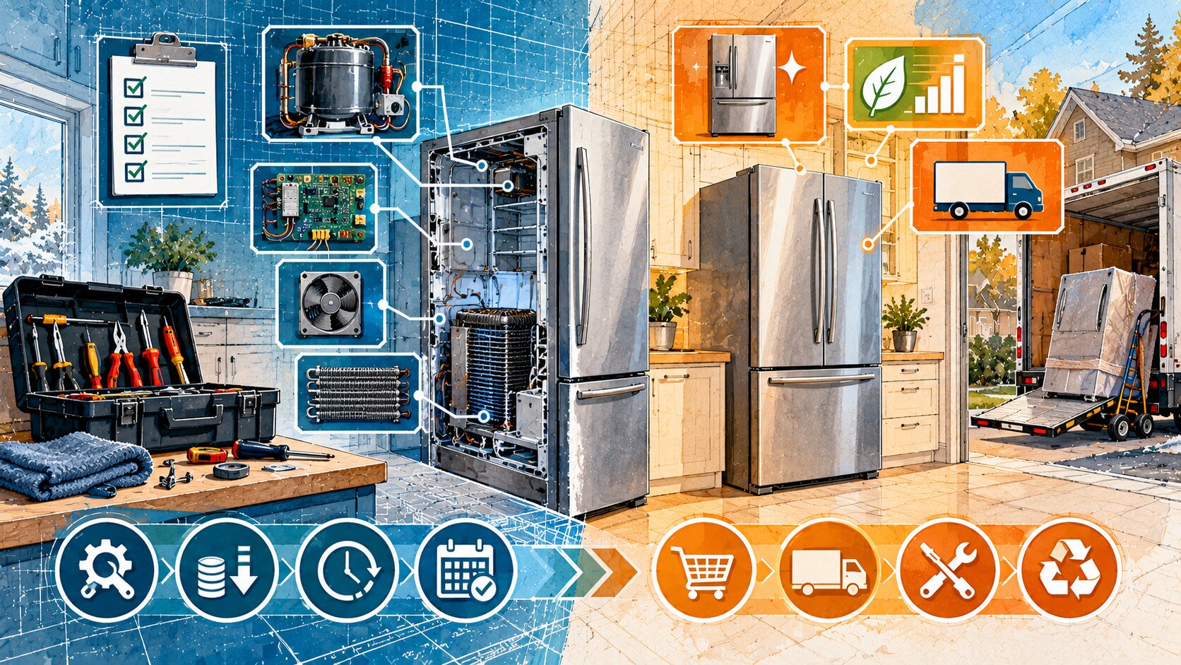 Blueprint-style illustration comparing repair and replacement pathways for a major household appliance.