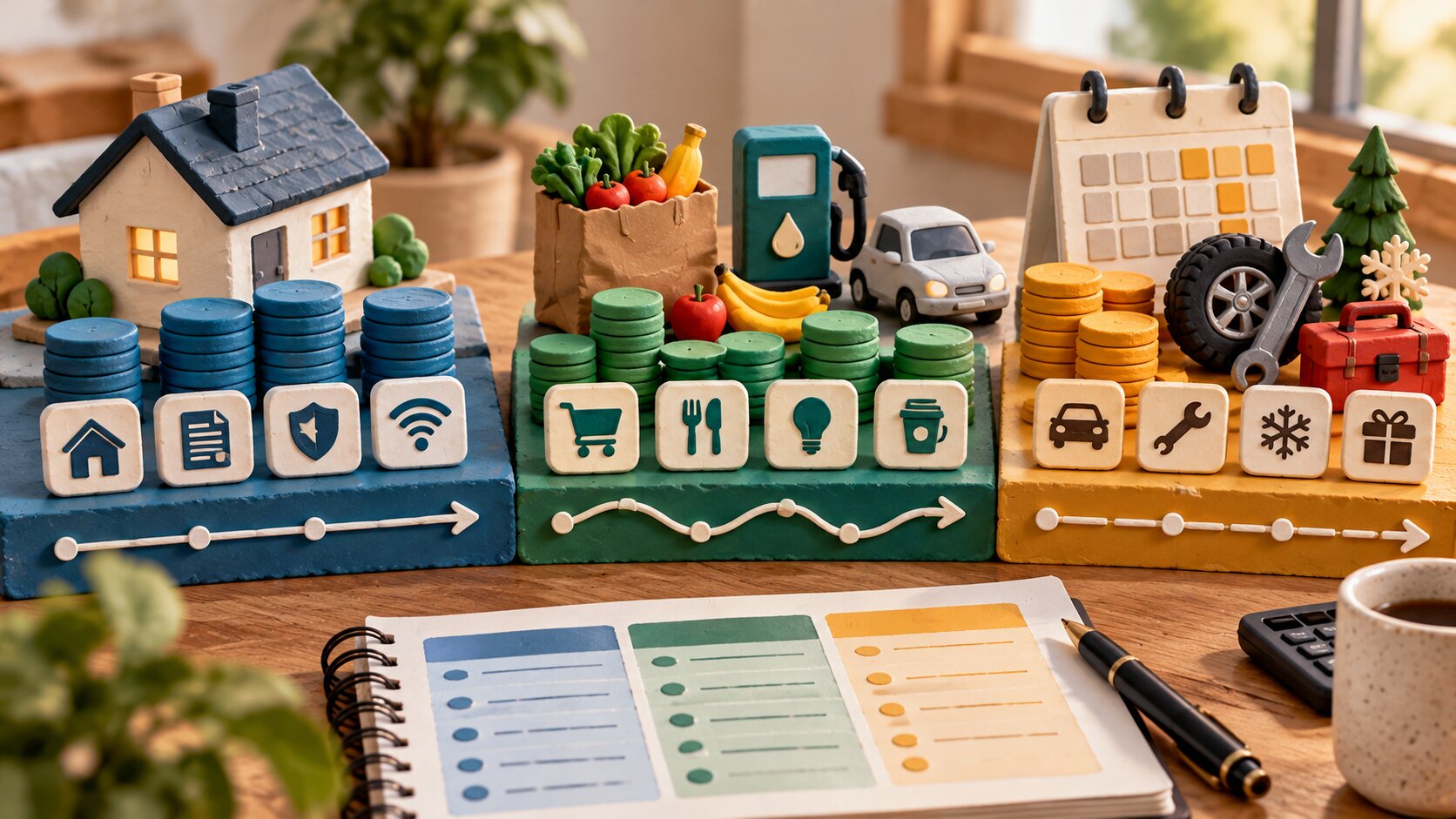 Sculpted clay household expense groups illustrating fixed, variable and irregular monthly costs.