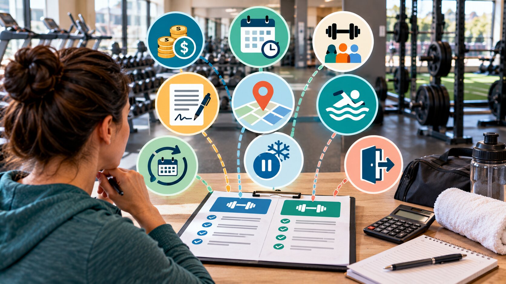 Woman reviewing gym contract documents surrounded by icons for costs, scheduling, classes, location, pool access, renewal cycles.