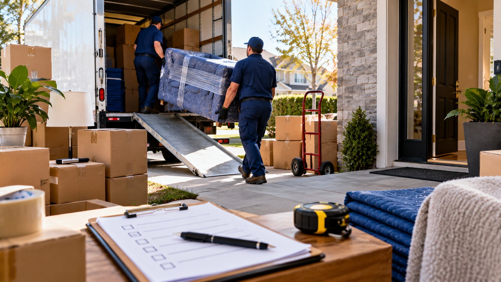 Two movers in blue uniforms carry a plastic-wrapped mattress down a ramp from a moving truck onto a residential porch.