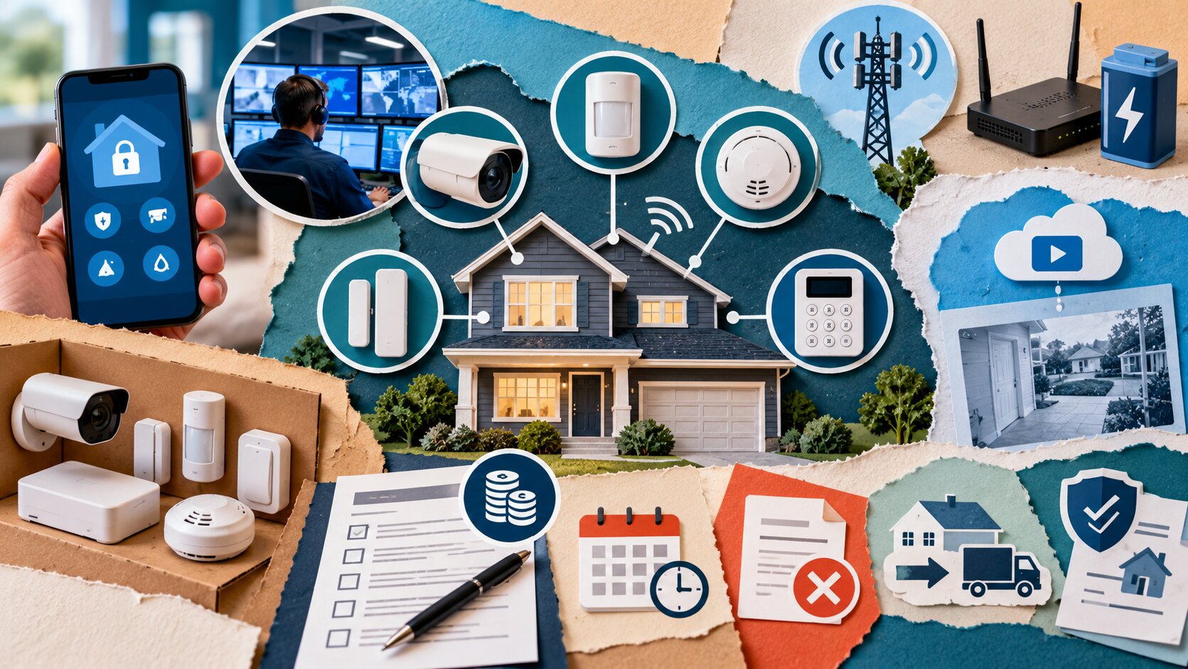Layered paper home security comparison showing sensors, camera, monitoring, contract, cancellation, backup and privacy considerations.