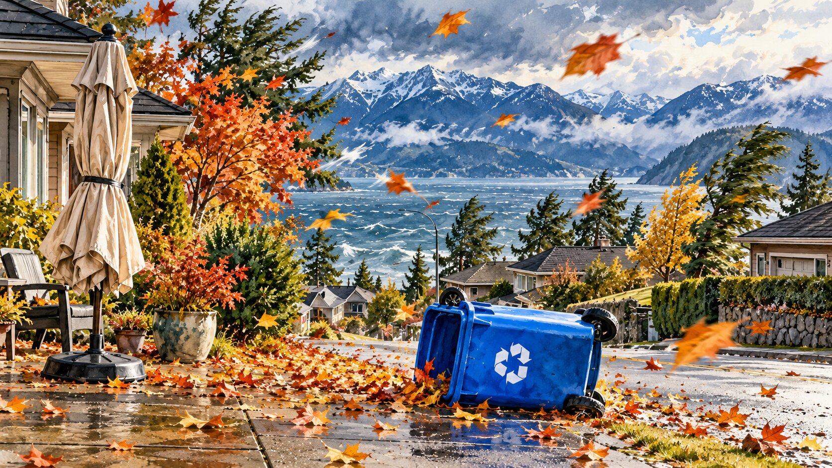 Windy Squamish neighbourhood with a tipped recycling bin and autumn leaves during the Howe Sound wind warning.