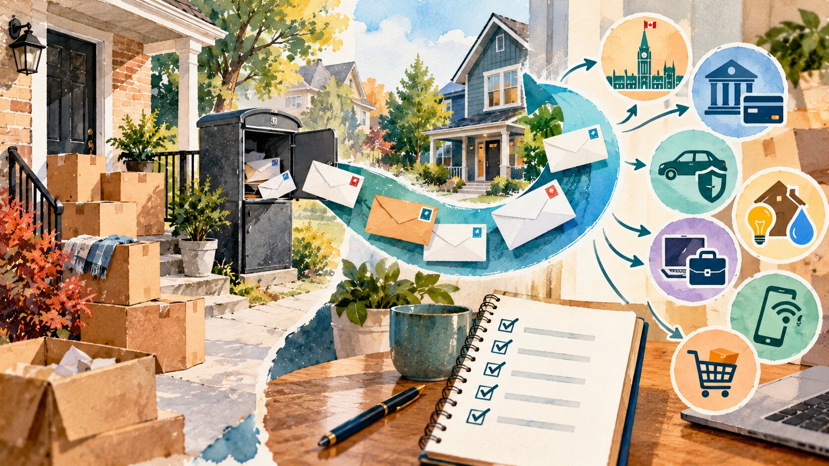 Watercolor editorial moving scene showing mail being redirected from an old home while important address records are updated separately.