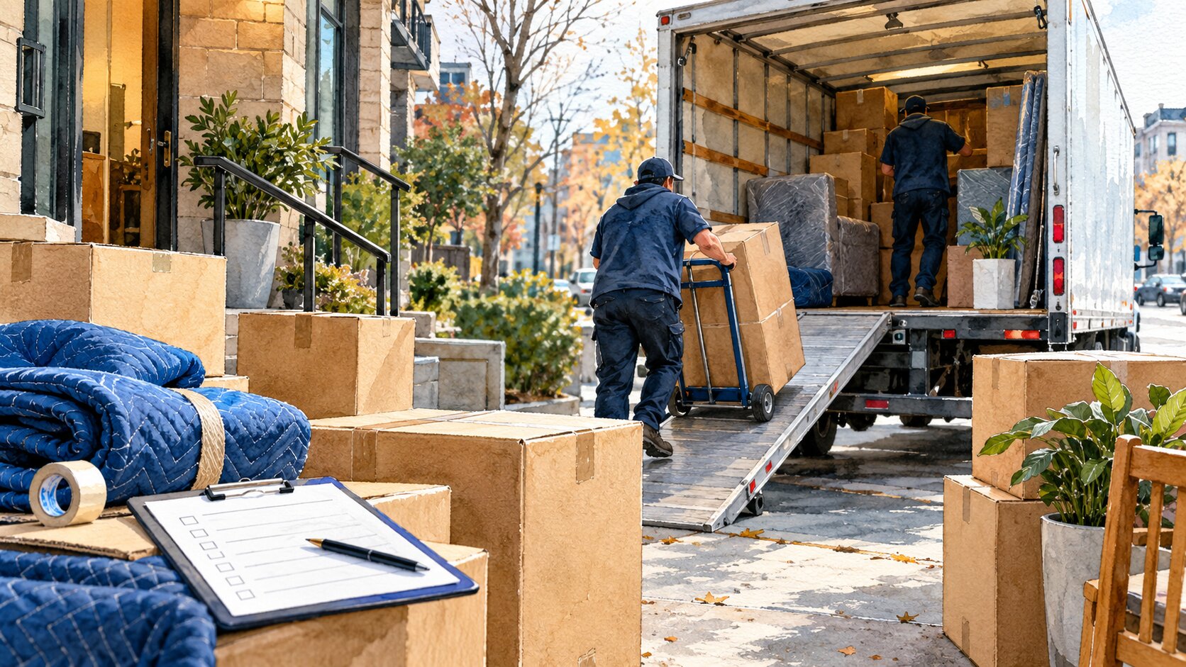 Two movers in blue uniforms load cardboard boxes and wrapped furniture onto a white truck using a hand truck on an autumn street.