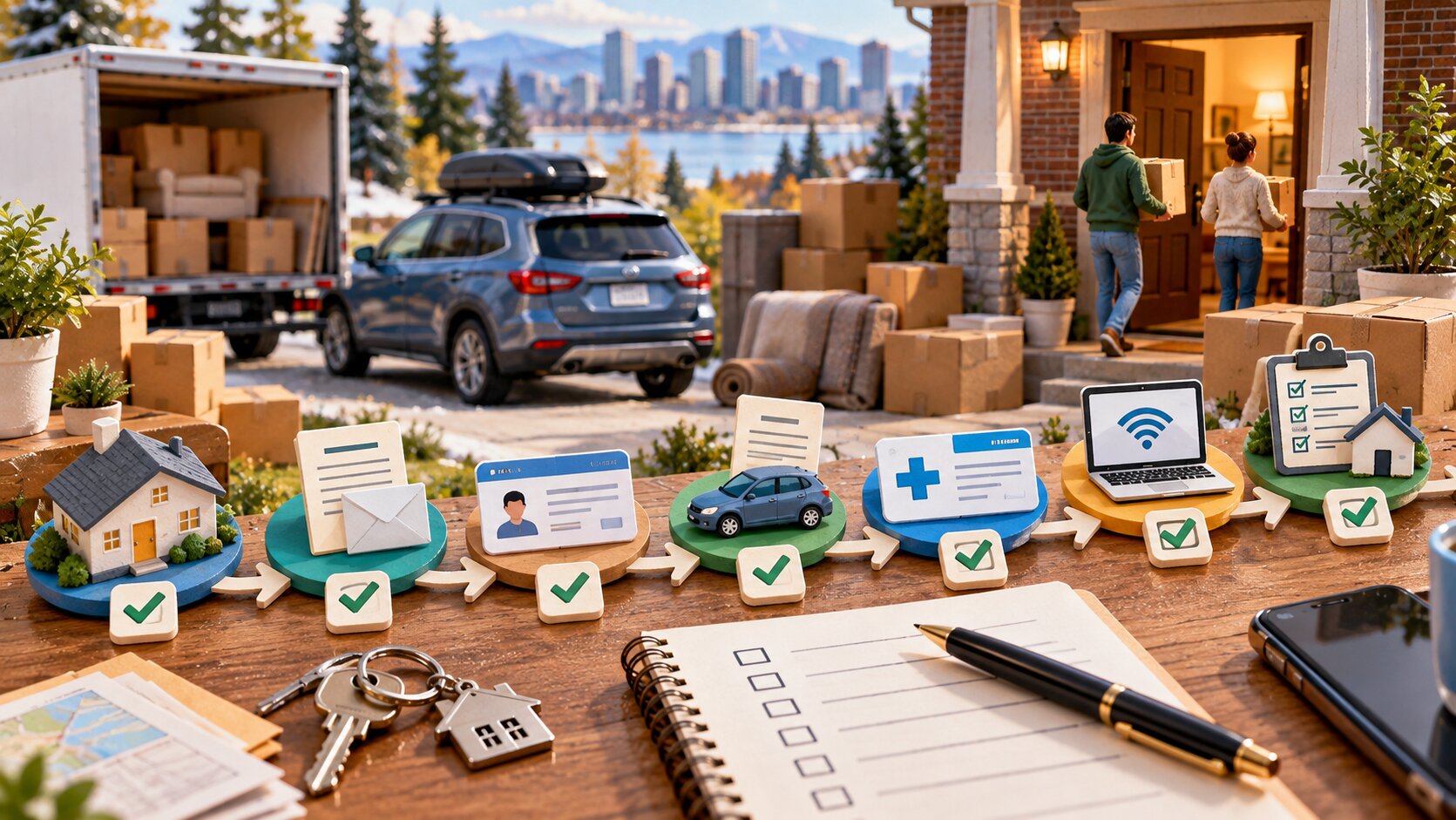 Miniature editorial scene showing a household completing licence, vehicle, health coverage and utility tasks after moving to another province.