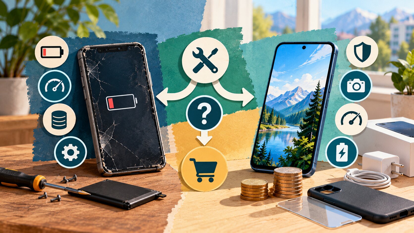 Editorial illustration comparing the choice to keep, repair or replace an aging smartphone.