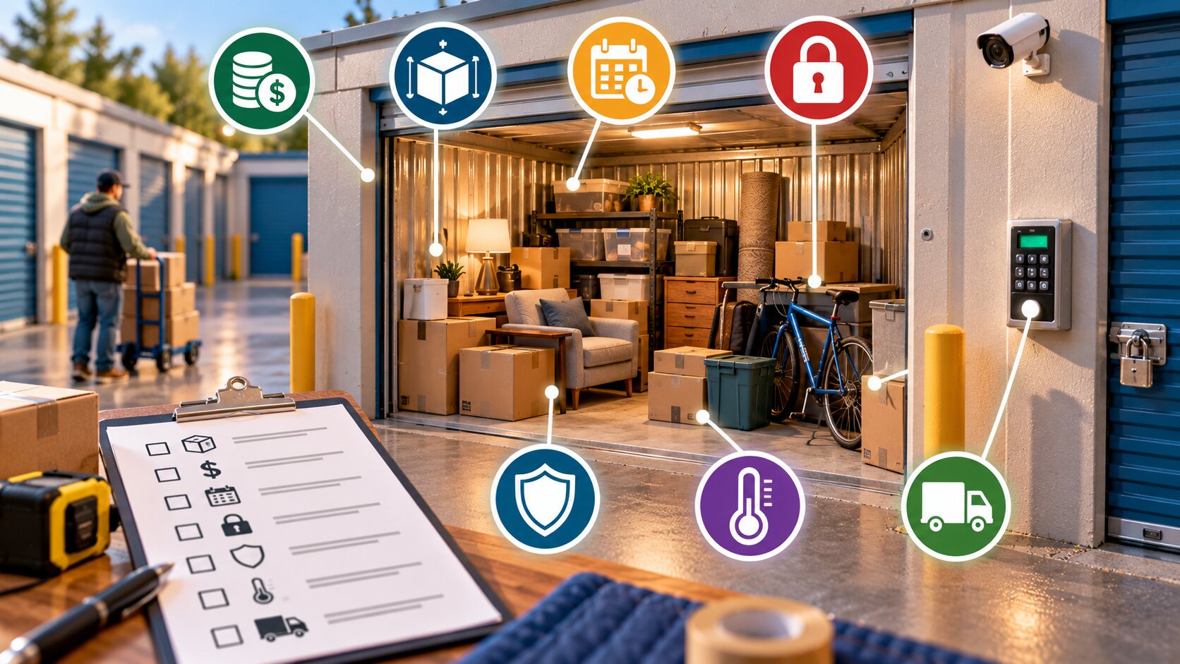 Miniature editorial storage-unit scene showing boxes, furniture, access, security and organization considerations.