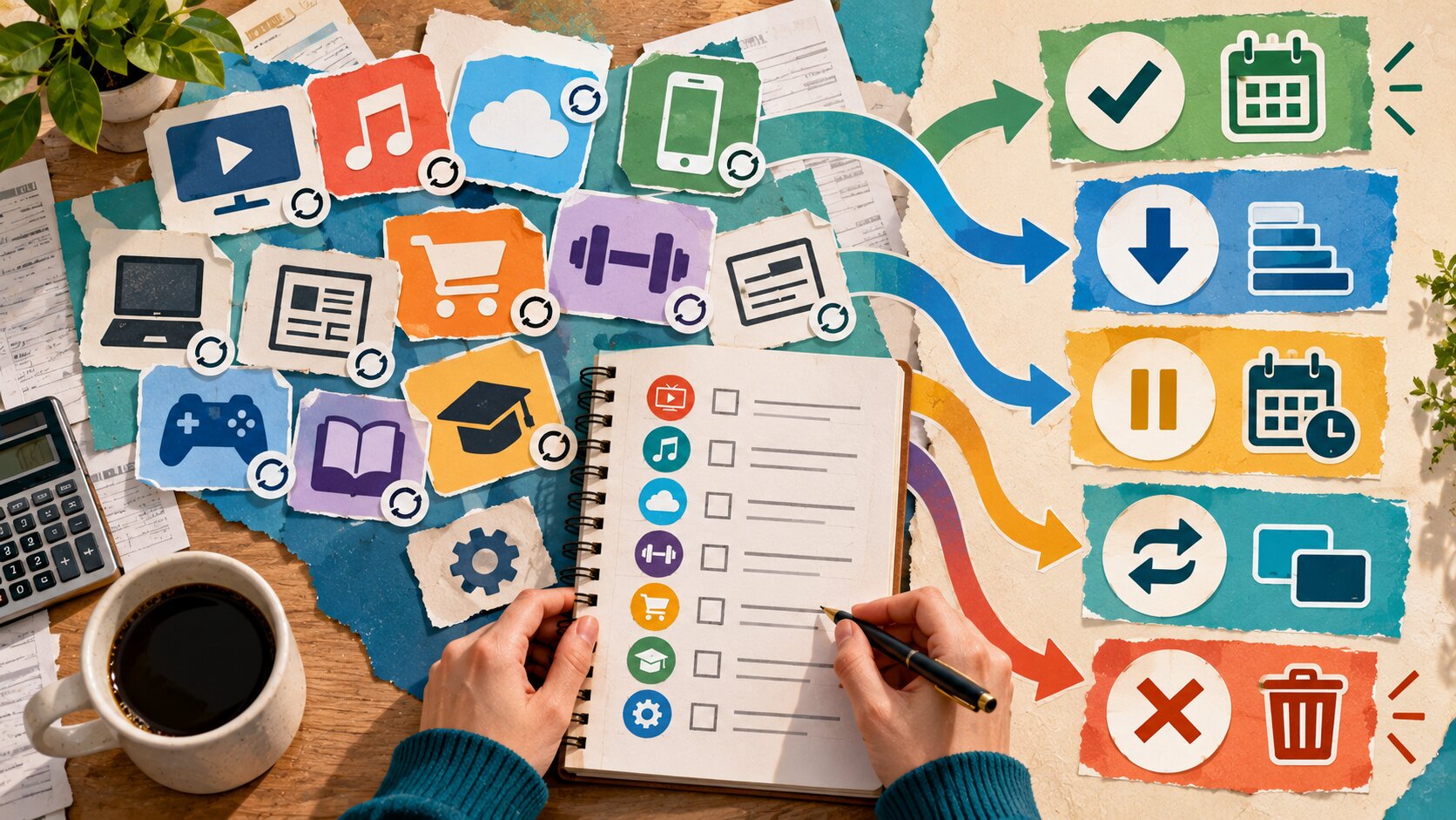 Hands write in a checklist notebook surrounded by torn paper icons of digital services like streaming, music, cloud storage.