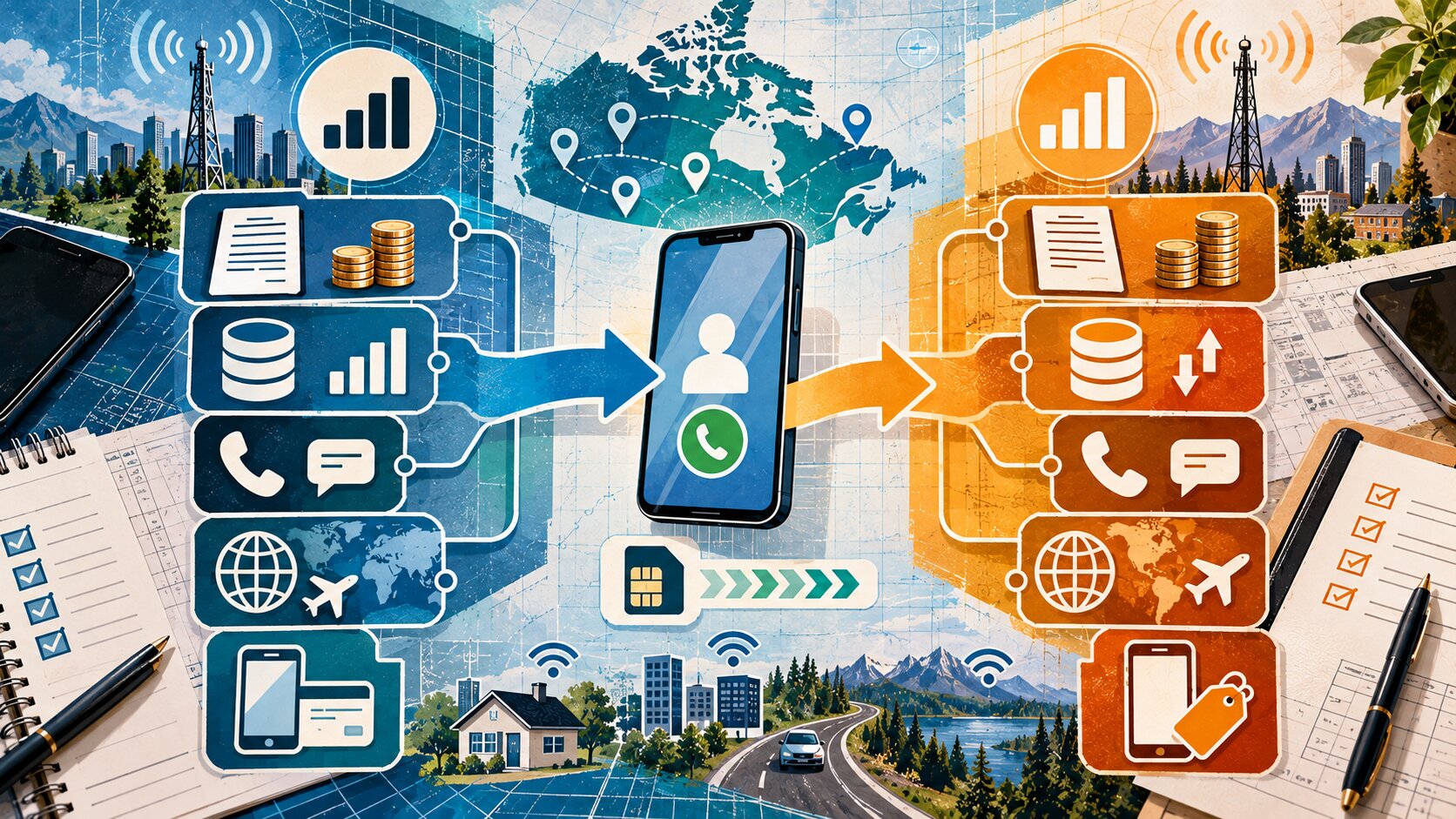 Blueprint-style editorial diagram showing a mobile phone moving between service plans while comparing coverage, data and device obligations.