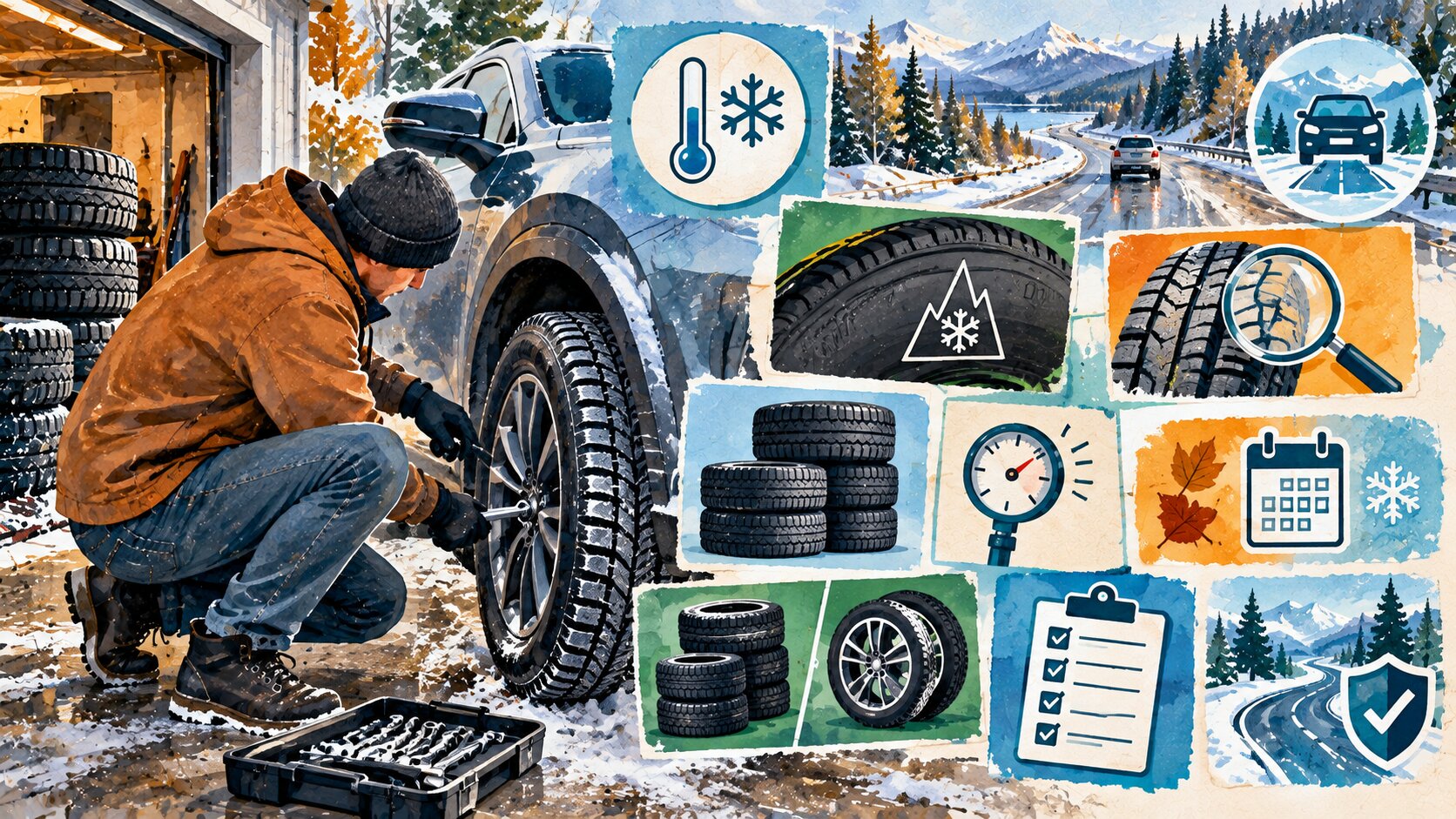 Watercolor editorial illustration showing a vehicle with winter tires being prepared for cold, snowy road conditions.